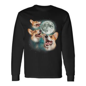 Three Corgi Moon 3 Cute Corgi Pups Howling Dog Meme Canine Long Sleeve T-Shirt - Thegiftio UK