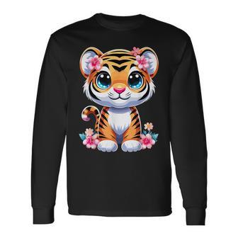 Tiger With Flowers Cute Baby Kawaii Tigers Long Sleeve T-Shirt - Thegiftio UK