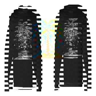 Tropical Christmas Hawaiian Santa Xmas Lights Palm Tree Long Sleeve T-Shirt - Thegiftio