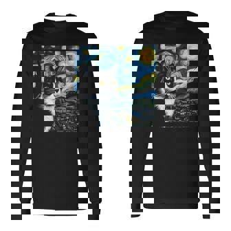 Tuxedo Cat Starry Night Painting Tuxedo Cat Lover Long Sleeve T-Shirt - Thegiftio