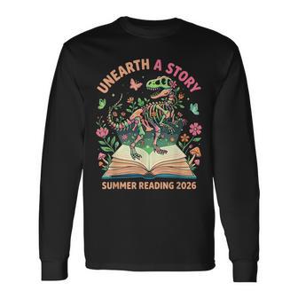 Unearth A Story Summer Library Reading 2026 Dino Skeleton Long Sleeve T-Shirt - Thegiftio UK