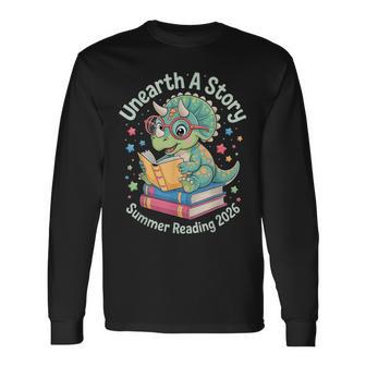 Unearth A Story Summer Reading 2026 Cute Dinosaur Reading Long Sleeve T-Shirt | Seseable UK