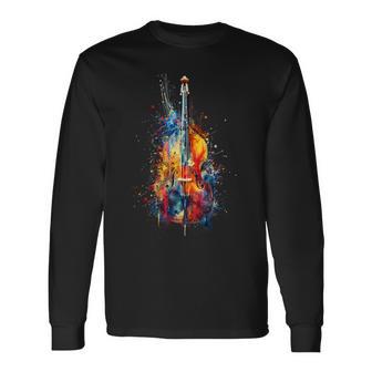 Upright Bass Instrument On Colorful Painted Double Bass Long Sleeve T-Shirt - Thegiftio UK
