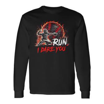 Vintage Baseball Catcher Boys Go Ahead Run I Dare You Long Sleeve T-Shirt - Monsterry