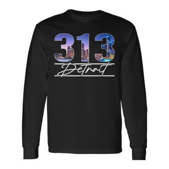 Vintage Detroit Michigan 313 Area Code Skyline Long Sleeve T-Shirt - Thegiftio UK