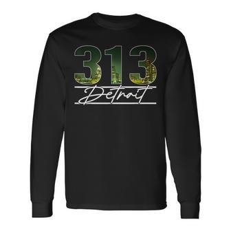 Vintage Detroit Michigan 313 Area Code Skyline Long Sleeve T-Shirt | Mazezy