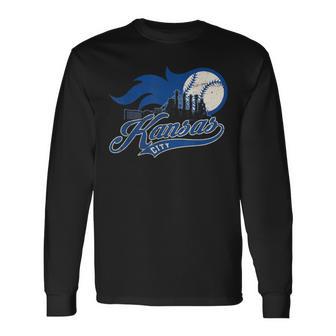 Vintage Kansas City Baseball American Us Flag Long Sleeve T-Shirt | Mazezy