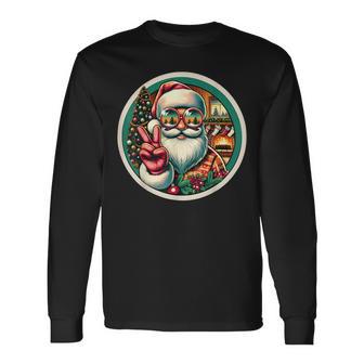 Vintage Santa Victory Sign Christmas Tree Fireplace Retro Long Sleeve T-Shirt - Thegiftio UK