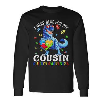 I Wear Blue For My Cousin Autism Awareness Dinosaur T Rex Long Sleeve T-Shirt - Thegiftio UK