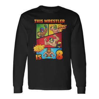 Wrestling 8Th Birthday This Wrestler Is 8 Cute Comic Book Long Sleeve T-Shirt - Thegiftio UK