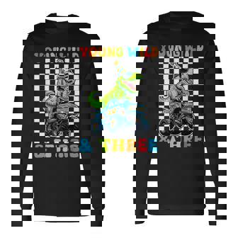 Young Wild & Three T-Rex Dino Monster Truck 3Rd Birthday Long Sleeve T-Shirt - Thegiftio