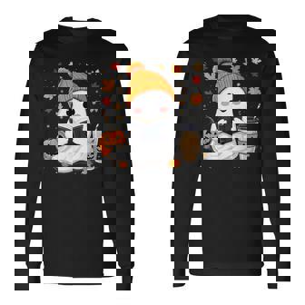 おばけ読書本 紅葉 ハロウィン ゴーストコーヒー 長袖Tシャツ - Kawaiitshirt