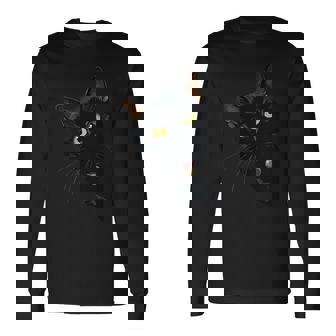 こっそり猫 物陰からじっと見つめる黒猫デザイン 長袖Tシャツ - Kawaiitshirt