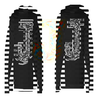 イニシャル 名前 文字 J アルファベット 民芸風 長袖Tシャツ - Kawaiitshirt