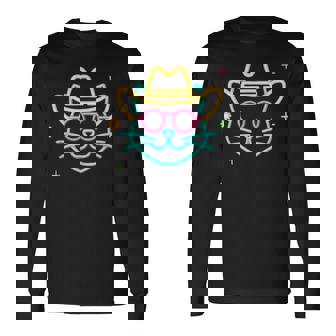 カウボーイ 猫 顔 ラウンド サングラス ウェスタン グラフィック ピンク アニマル 長袖Tシャツ - Kawaiitshirt