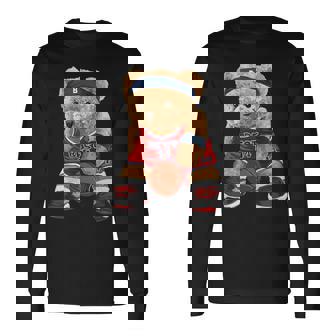 クールなテディベアがバスケットボールのイラストグラフィックデザインを演じます。 長袖Tシャツ - Kawaiitshirt