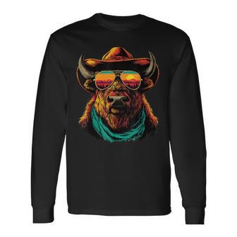 サングラス カラフル バイソン カウボーイ 動物 夕日 ウエスタン 長袖Tシャツ - Kawaiitshirt