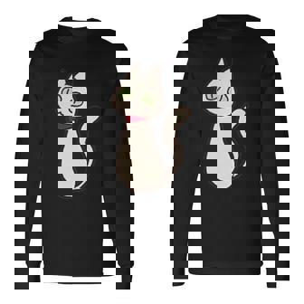シロネコ 胸にワンポイント 落書き風 おもしろ 長袖Tシャツ - Kawaiitshirt