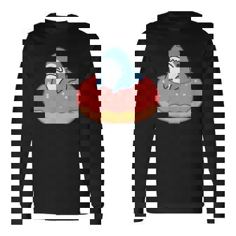 ドーナツに喰われるサメ さめ かわいい ゆるい イラスト シュール おもしろ 鮫 シャーク 長袖Tシャツ - Kawaiitshirt