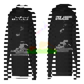 ニュージーランドのお土産キウイバードウォッチングニュージーランド地図 長袖tシャツ 長袖Tシャツ - Kawaiitshirt