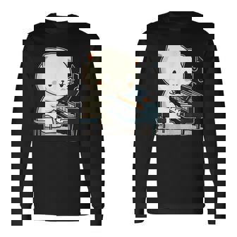 ピアノを弾くかわいい猫 ヴィンテージ かわいい猫 アート 日本アニメ 長袖Tシャツ - Kawaiitshirt