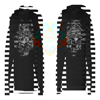 フラクタル スピリット アニマル オオカミ サイケデリック 長袖Tシャツ - Kawaiitshirt