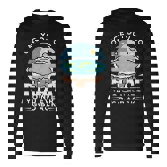 フラットアースデザインのアイデア 一度行けばフラット陰謀論 長袖Tシャツ - Kawaiitshirt