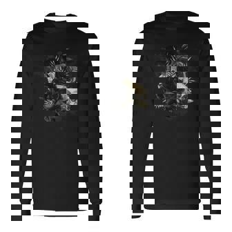 ブラックローズフラワーとスカルアート グランジスタイル 長袖tシャツ 長袖Tシャツ - Kawaiitshirt