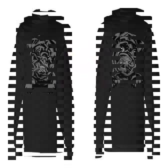 ブラック・パグ・ファニー・ピーキング・ポケット・パピー・ドッグ・ラバー 長袖tシャツ 長袖Tシャツ - Kawaiitshirt