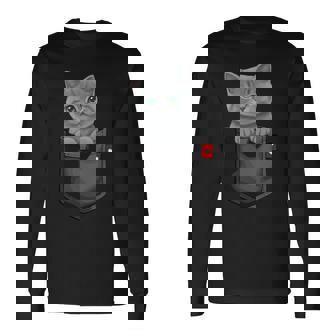 ブリティッシュショートヘア猫 ポケットの中 のぞくかわいい子猫 長袖tシャツ 長袖Tシャツ - Kawaiitshirt