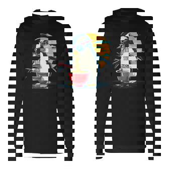 ペンギン食べる ラーメン サングラス アートワーク 和麺 長袖Tシャツ - Kawaiitshirt