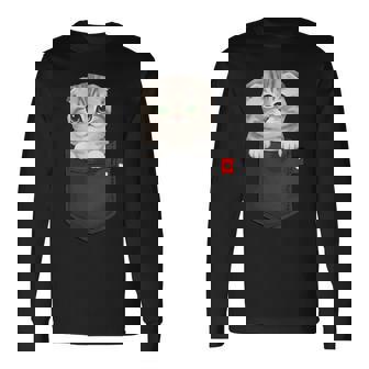 ポケットに入ったスコティッシュフォールド猫 のぞくかわいい子猫 長袖Tシャツ - Kawaiitshirt