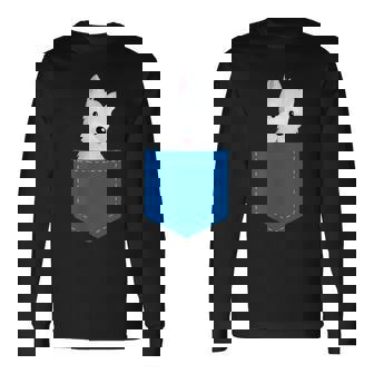 ポケットに犬のウェスティ犬テリアフロントポケット胸 長袖Tシャツ - Kawaiitshirt