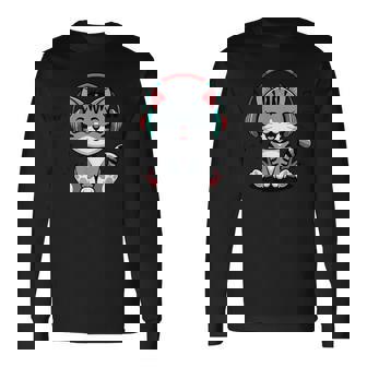 ミュージック・キャッツ ミュージシャンのための音符の衣装 ヘッドフォン猫 長袖Tシャツ - Kawaiitshirt
