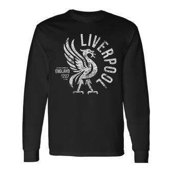 リバプール イングランド Est 1207 ラウンド ホワイト アンティーク調プリント 長袖Tシャツ - Kawaiitshirt