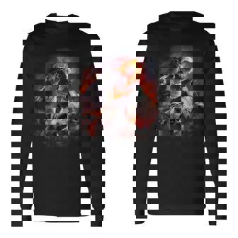 小惑星衝突月の下で燃える森で吠えるオオカミ 長袖Tシャツ - Kawaiitshirt