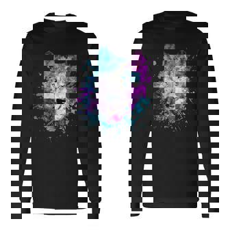 水彩 狼 頭 カラフル オオカミ 贈り物 長袖Tシャツ - Kawaiitshirt