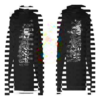 猫 シュガー スカル メキシコ カラベラ 死者の日 ハロウィン 長袖Tシャツ - Kawaiitshirt