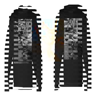 猫が魚市場を盗む冒険ファニーアートミーム 長袖Tシャツ - Kawaiitshirt