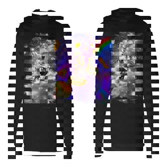 虹銀河のホットドッグに乗る宇宙の猫 長袖Tシャツ - Kawaiitshirt