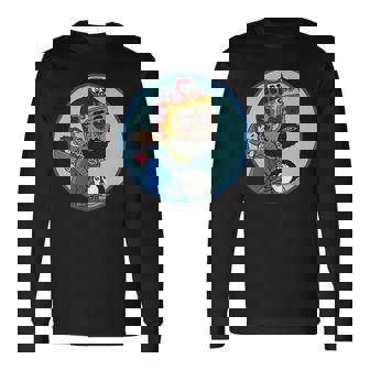 赤ちゃんをおんぶしたファンキー男 ハート型のサングラス ミニダルマ ヒゲ ファイヤーパターンのヘルメット 長袖Tシャツ - Kawaiitshirt