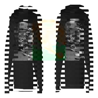 面白い猫 子猫 プールゲーム ビリヤード愛好家 アートデザイン 長袖Tシャツ - Kawaiitshirt