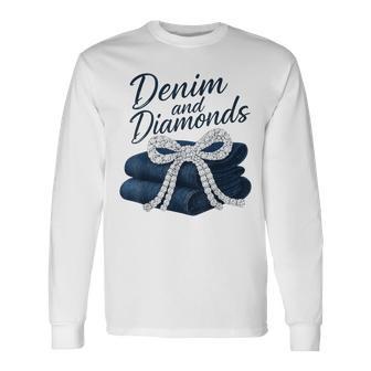 Denim And Diamonds Bow Glam Cowgirl Western For Ladies Long Sleeve T-Shirt - Seseable