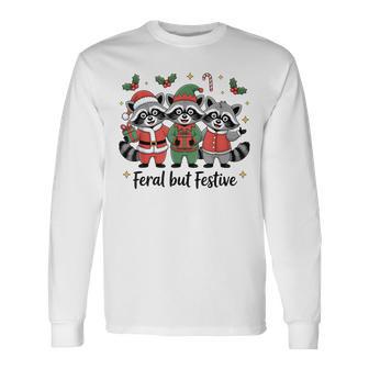 Feral But Festive Christmas Cute Raccoon Elf Santa Hat Long Sleeve T-Shirt - Thegiftio UK