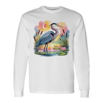 Great Blue Heron Wading At Dawn Beautiful Birding Bird Lover Long Sleeve T-Shirt - Monsterry