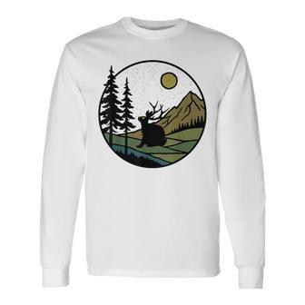 Jackalope Vintage Rustic Forest Trees With Mountains Cryptid Long Sleeve T-Shirt - Thegiftio UK