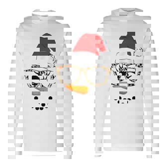 Leopard Glasses Santa Claus Snowman Face Christmas Costume Long Sleeve T-Shirt - Monsterry