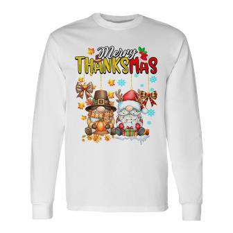 Merry Thanksmas Coquette Bow Gnomes Thanksgiving Christmas Tri-Blend Long Sleeve T-Shirt - Thegiftio UK