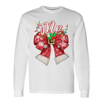 Mr & Mrs Couples Coquette Bow Family Christmas Lights Pajama Tri-Blend Long Sleeve T-Shirt - Thegiftio UK
