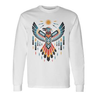 North American Tribal Thunderbird Vibrant Geometric Long Sleeve T-Shirt - Monsterry